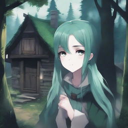 A creepy village surrounded by a dark forest, featuring a beautiful girl with long green hair and big, beautiful eyes, who is the most beautiful in the village