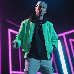 Eminem reimagined in electropunk aesthetics, dressed in neon lights, futuristic apparel, and performing with a digitally enhanced microphone, in a scene pulsating with visual energy.