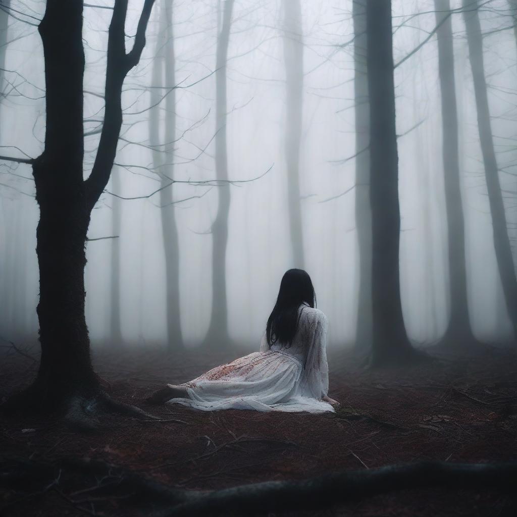 A very dark and mysterious forest with white mist and a young woman lying on the ground, bloodied