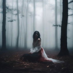 A very dark and mysterious forest with white mist and a young woman lying on the ground, bloodied