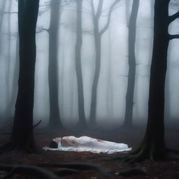 A very dark and mysterious forest with white mist and a young woman lying on the ground, bloodied