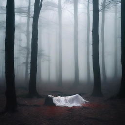 A very dark and mysterious forest with white mist and a young woman lying on the ground, bloodied