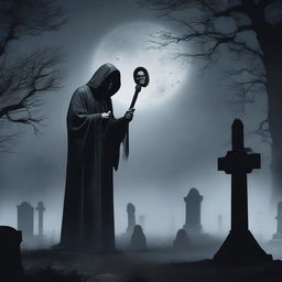 A detailed fantasy image of a gravedigger priest standing in a cemetery