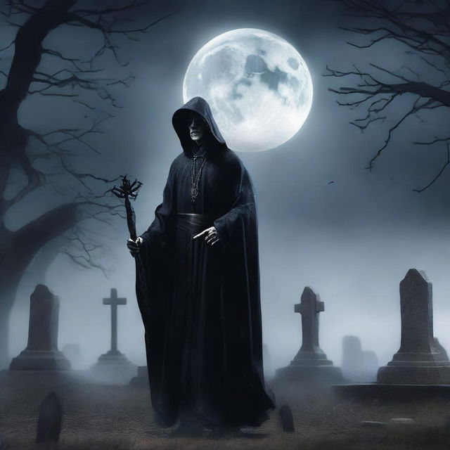 A detailed fantasy image of a gravedigger priest standing in a cemetery