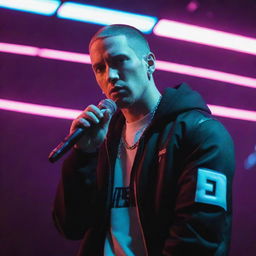 Eminem reimagined in electropunk aesthetics, dressed in neon lights, futuristic apparel, and performing with a digitally enhanced microphone, in a scene pulsating with visual energy.