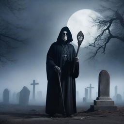 A detailed fantasy image of a gravedigger priest standing in a cemetery