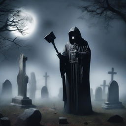 A detailed fantasy image of a gravedigger priest standing in a cemetery