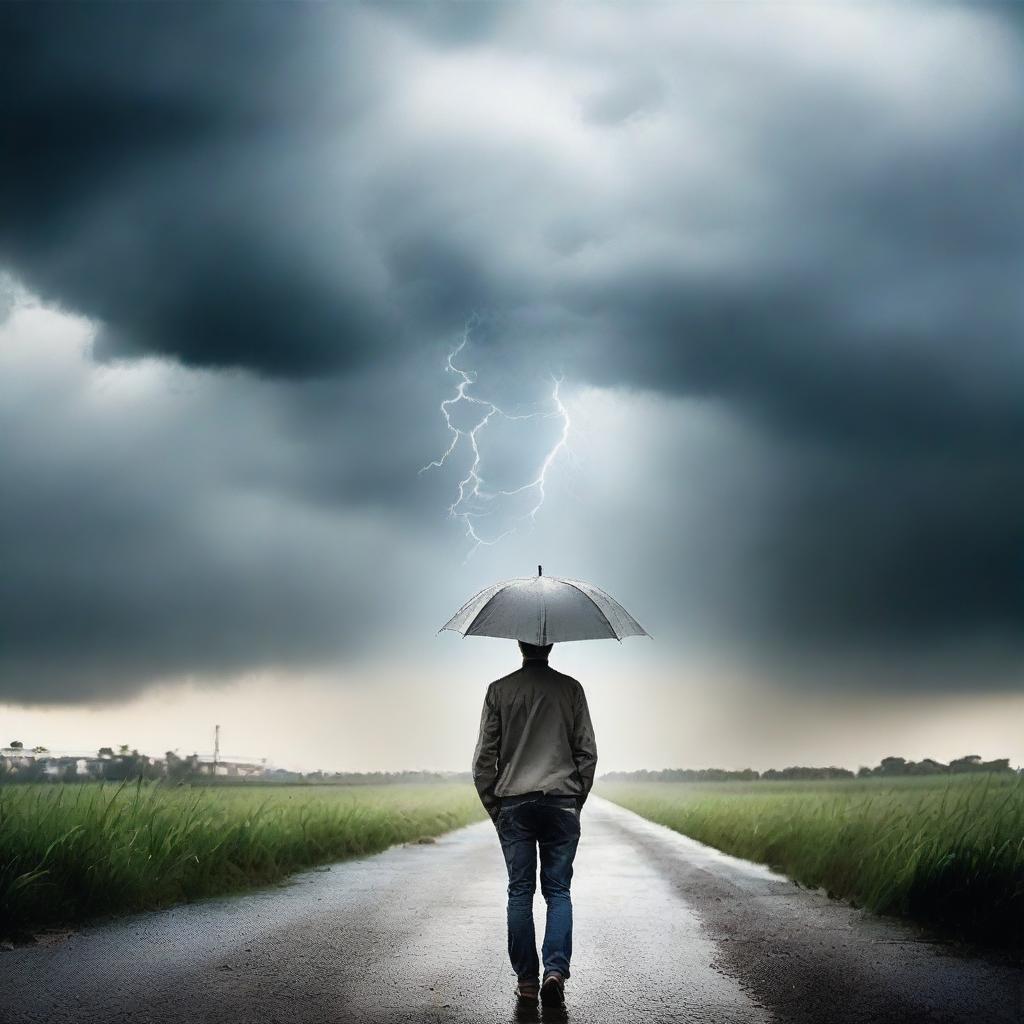 Uma capa de livro detalhada mostrando um temporal violento com nuvens escuras, relâmpagos e chuva intensa