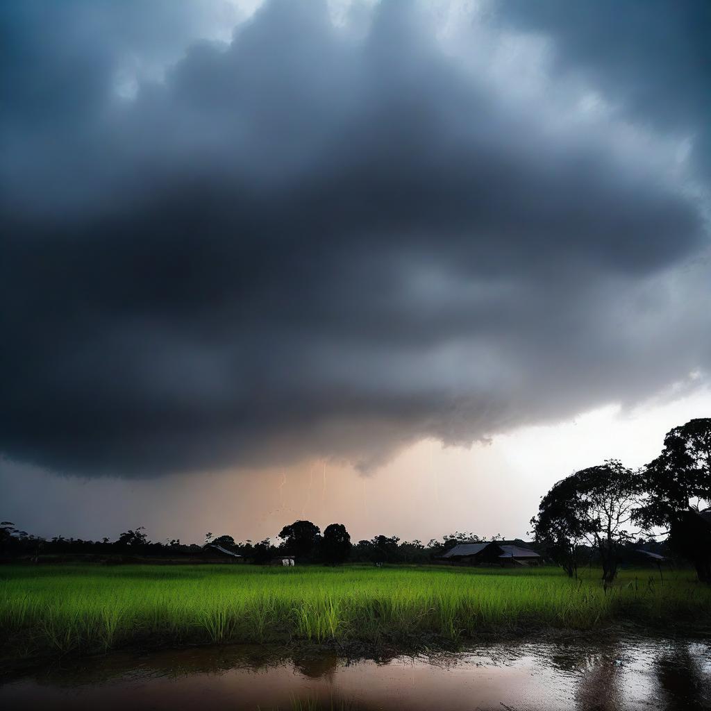 Uma imagem detalhada de um temporal no campo, com nuvens escuras, relâmpagos e chuva intensa