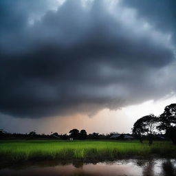 Uma imagem detalhada de um temporal no campo, com nuvens escuras, relâmpagos e chuva intensa