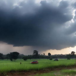 Uma imagem detalhada de um temporal no campo, com nuvens escuras, relâmpagos e chuva intensa