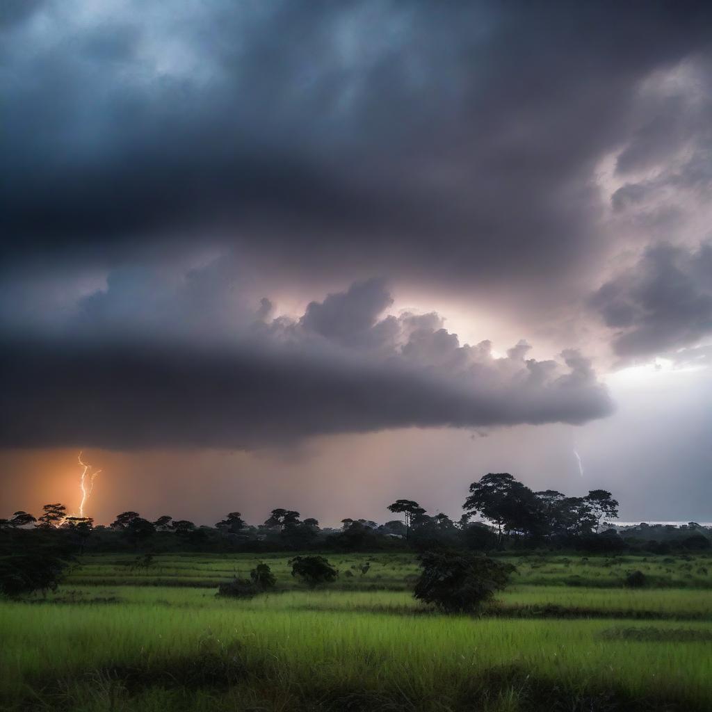 Uma imagem detalhada de um temporal no campo, com nuvens escuras, relâmpagos e chuva intensa