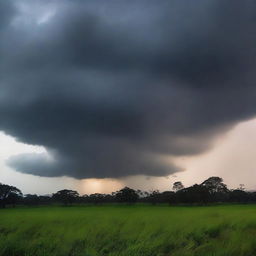 Uma imagem detalhada de um temporal no campo, com nuvens escuras, relâmpagos e chuva intensa