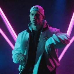 Eminem reimagined in electropunk aesthetics, dressed in neon lights, futuristic apparel, and performing with a digitally enhanced microphone, in a scene pulsating with visual energy.