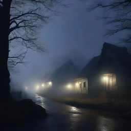 A small, eerie village set in a dark, foggy night where mysterious murders have occurred