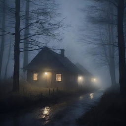 A small, eerie village set in a dark, foggy night where mysterious murders have occurred