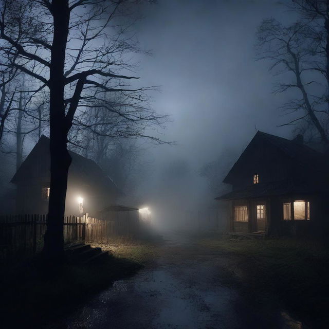 A small, eerie village set in a dark, foggy night where mysterious murders have occurred