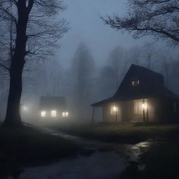 A small, eerie village set in a dark, foggy night where mysterious murders have occurred