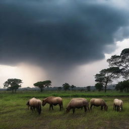 Uma imagem detalhada de um temporal no campo, com nuvens escuras, relâmpagos e chuva intensa