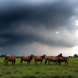 Uma imagem detalhada de um temporal no campo, com nuvens escuras, relâmpagos e chuva intensa