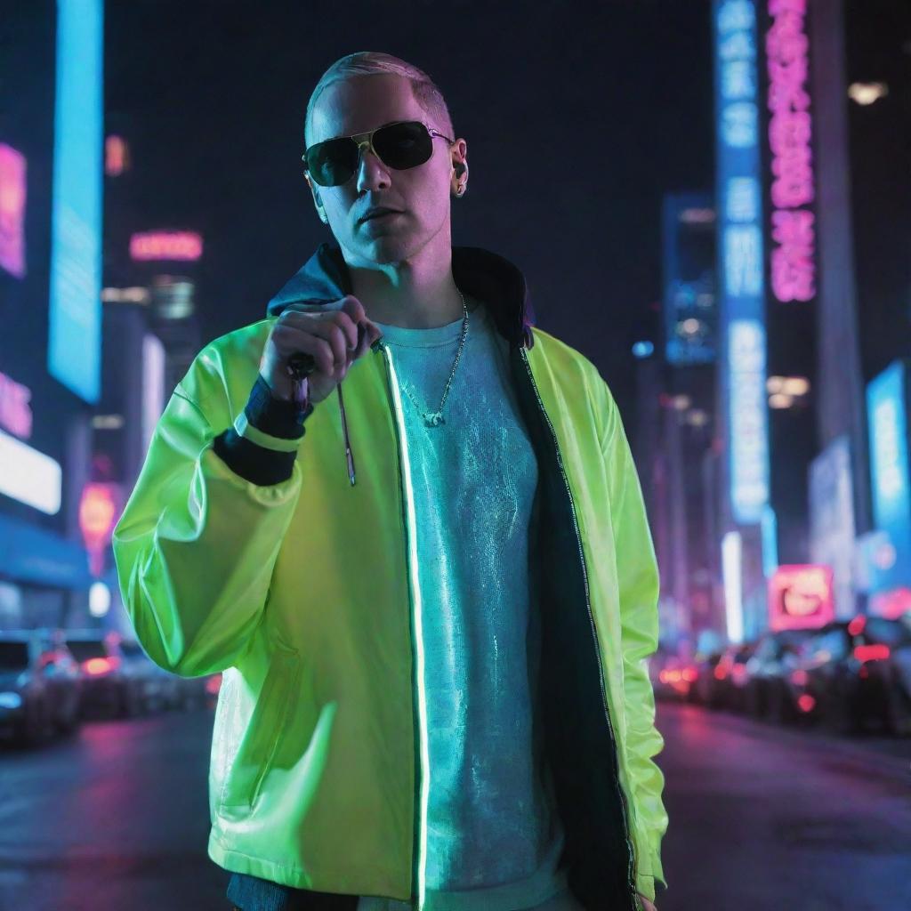 Eminem transformed by cyberpunk influences, clad in glowing neon attire, high-tech eyewear, and holding a holographic microphone amidst a digital cityscape backdrop.