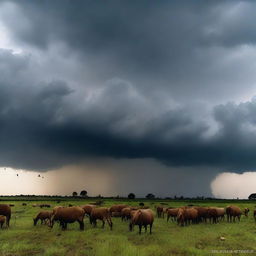 Uma imagem detalhada de um temporal no campo, com nuvens escuras, relâmpagos e chuva intensa