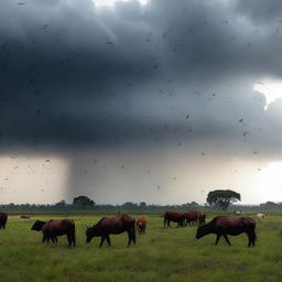 Uma imagem detalhada de um temporal no campo, com nuvens escuras, relâmpagos e chuva intensa