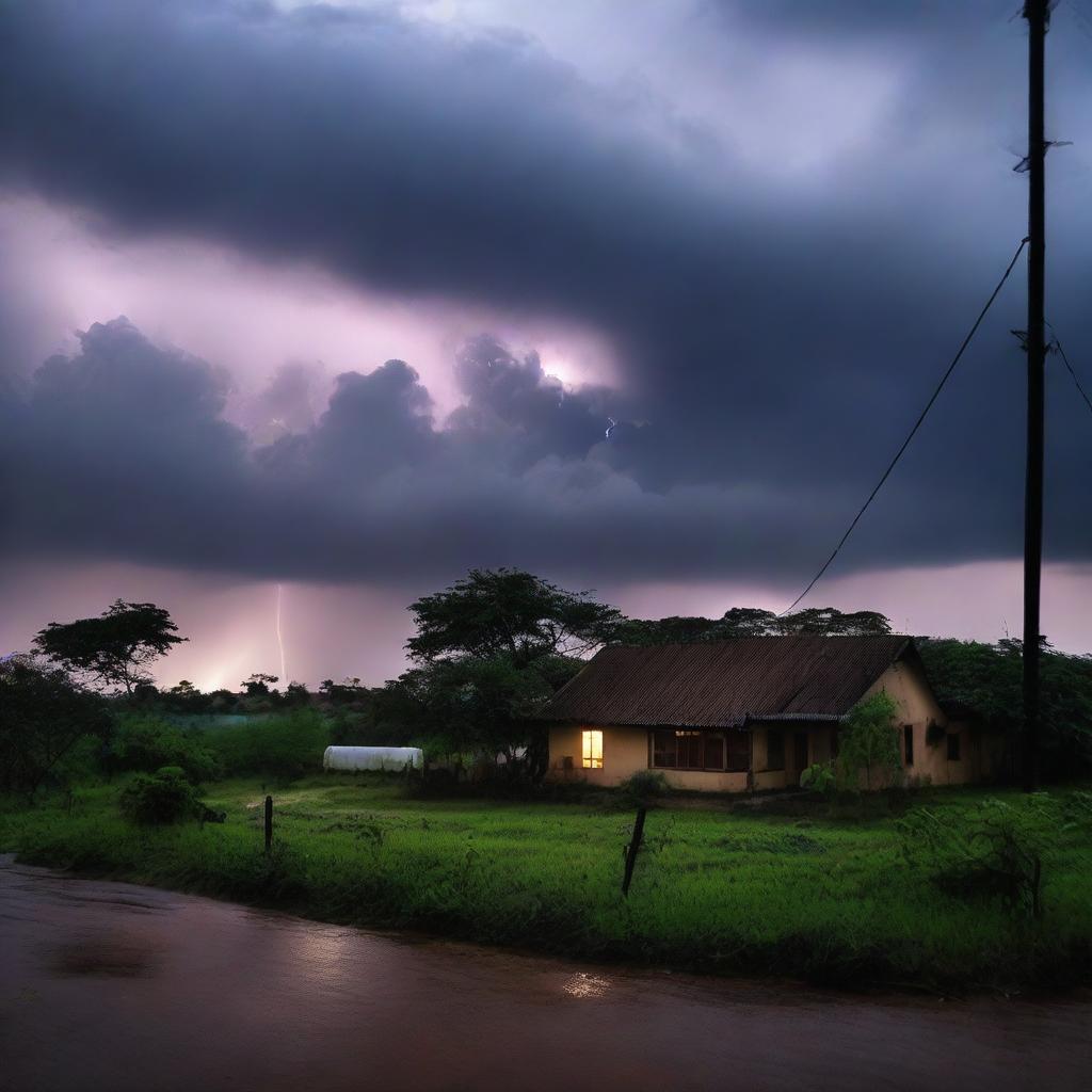 Uma imagem detalhada de um temporal chegando em uma casa no campo