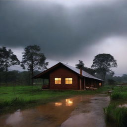 Uma imagem detalhada de um temporal chegando em uma casa no campo