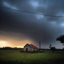 Uma imagem detalhada de um temporal chegando em uma casa no campo