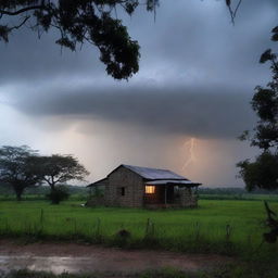 Uma imagem detalhada de um temporal chegando em uma casa no campo