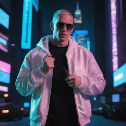 Eminem transformed by cyberpunk influences, clad in glowing neon attire, high-tech eyewear, and holding a holographic microphone amidst a digital cityscape backdrop.