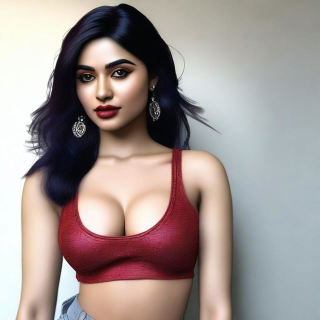 Create a hyper-realistic, extremely detailed image of a 25-year-old Indian girl with tight, pale white skin, an absolutely gorgeous face, thin-sharp eyebrows, dark black eyeliner, dark red lips, and pink cheeks