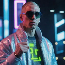 Eminem transformed by cyberpunk influences, clad in glowing neon attire, high-tech eyewear, and holding a holographic microphone amidst a digital cityscape backdrop.