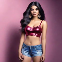 Create a hyper-realistic, extremely detailed image of a 25-year-old Indian girl with tight, pale white skin, an absolutely gorgeous face, thin-sharp eyebrows, dark black eyeliner, dark red lips, and pink cheeks