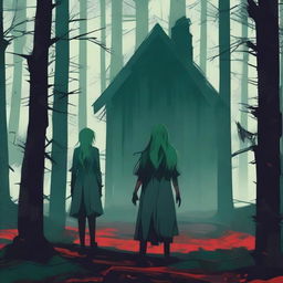 A dark and eerie forest where a murder is taking place