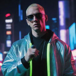 Eminem transformed by cyberpunk influences, clad in glowing neon attire, high-tech eyewear, and holding a holographic microphone amidst a digital cityscape backdrop.