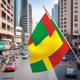 A vibrant Ethiopian flag waving proudly in the middle of a bustling city