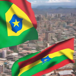 A vibrant Ethiopian flag waving proudly in the middle of a bustling city