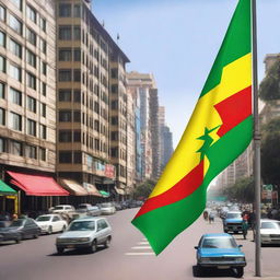 A vibrant Ethiopian flag waving proudly in the middle of a bustling city