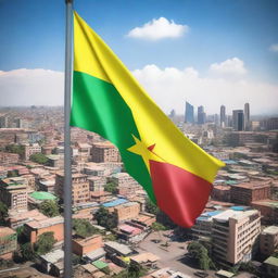 A vibrant Ethiopian flag waving proudly in the middle of a bustling city