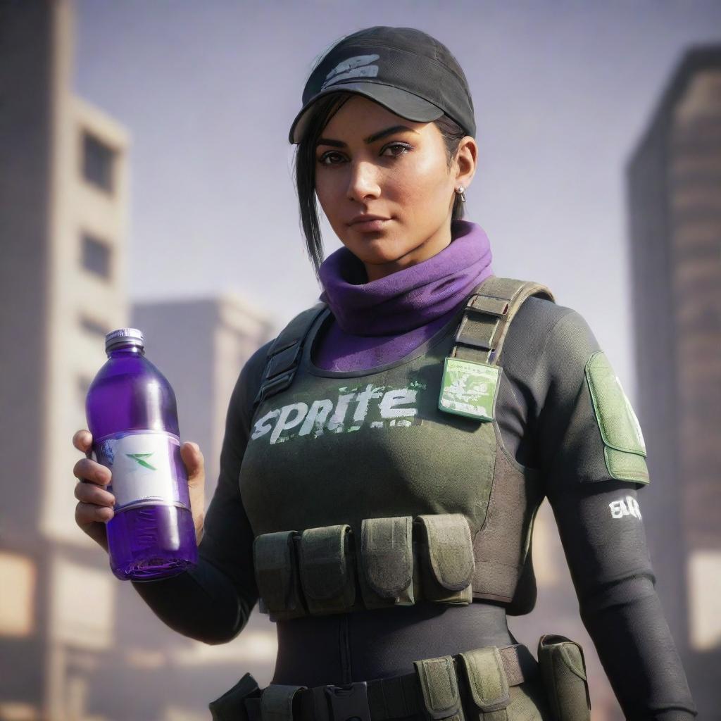 Iana, a character from Rainbow Six Siege, dressed in her recognizable attire while holding a purple bottle of Sprite. She maintains a confident stance, with the detailed game-world environment in the background.