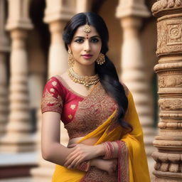 A beautiful Indian woman dressed in traditional attire, featuring a vibrant saree with intricate patterns and jewelry