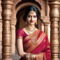 A beautiful Indian woman dressed in traditional attire, featuring a vibrant saree with intricate patterns and jewelry