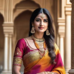 A beautiful Indian woman dressed in traditional attire, featuring a vibrant saree with intricate patterns and jewelry