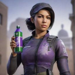 Iana, a character from Rainbow Six Siege, dressed in her recognizable attire while holding a purple bottle of Sprite. She maintains a confident stance, with the detailed game-world environment in the background.