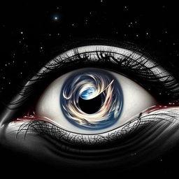 Detailed close-up of an eye reflecting the grandeur and mystique of cosmic realms, revealing galaxies, constellations, and celestial phenomena, creating a captivating sight.