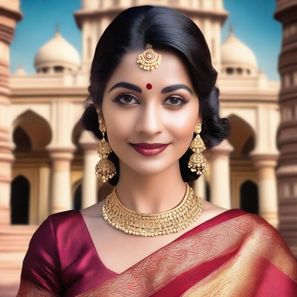 A beautiful Indian woman dressed in traditional attire, featuring a vibrant saree with intricate patterns and jewelry