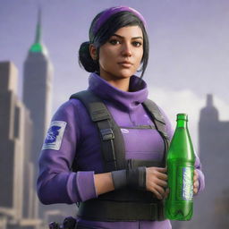 Iana, a character from Rainbow Six Siege, dressed in her recognizable attire while holding a purple bottle of Sprite. She maintains a confident stance, with the detailed game-world environment in the background.