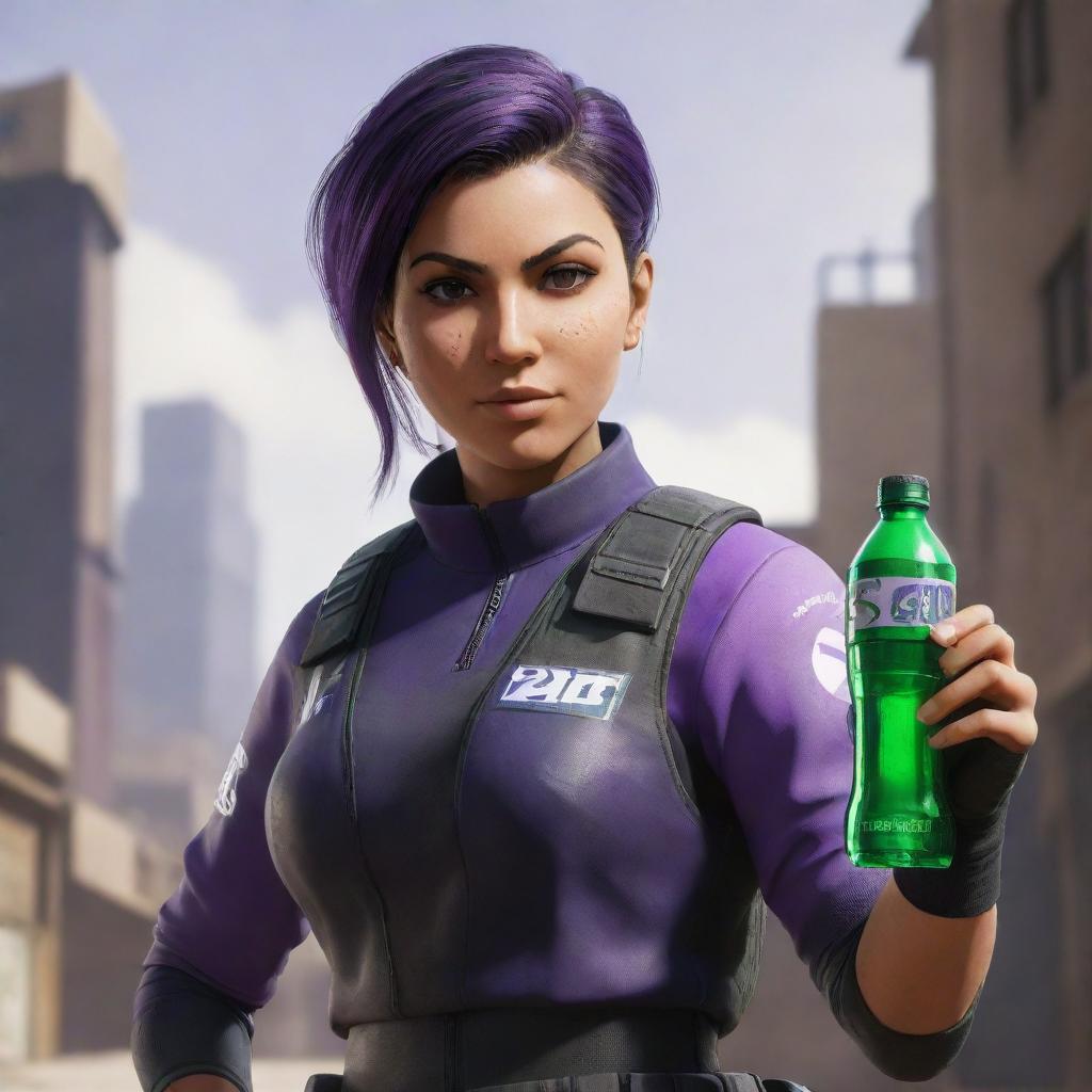 Iana, a character from Rainbow Six Siege, dressed in her recognizable attire while holding a purple bottle of Sprite. She maintains a confident stance, with the detailed game-world environment in the background.